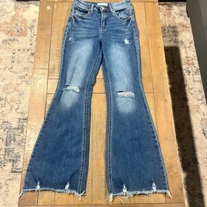 Risen Blue Flare Wide Leg Jeans with Vintage Distressing